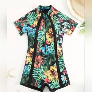 One Piece Tropical Print Zip Front Swimwear Rash Guard Bo…